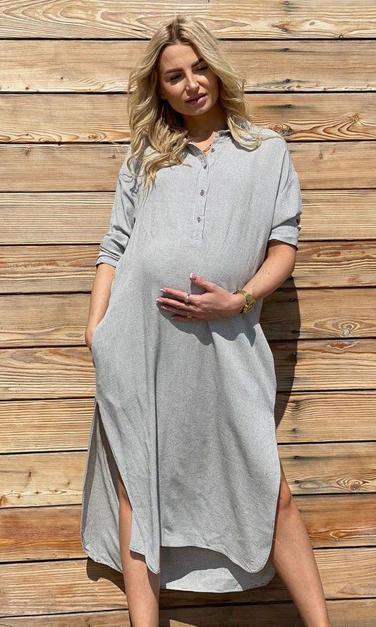 Robe de grossesse et allaitement à rayures – Style chemise décontracté