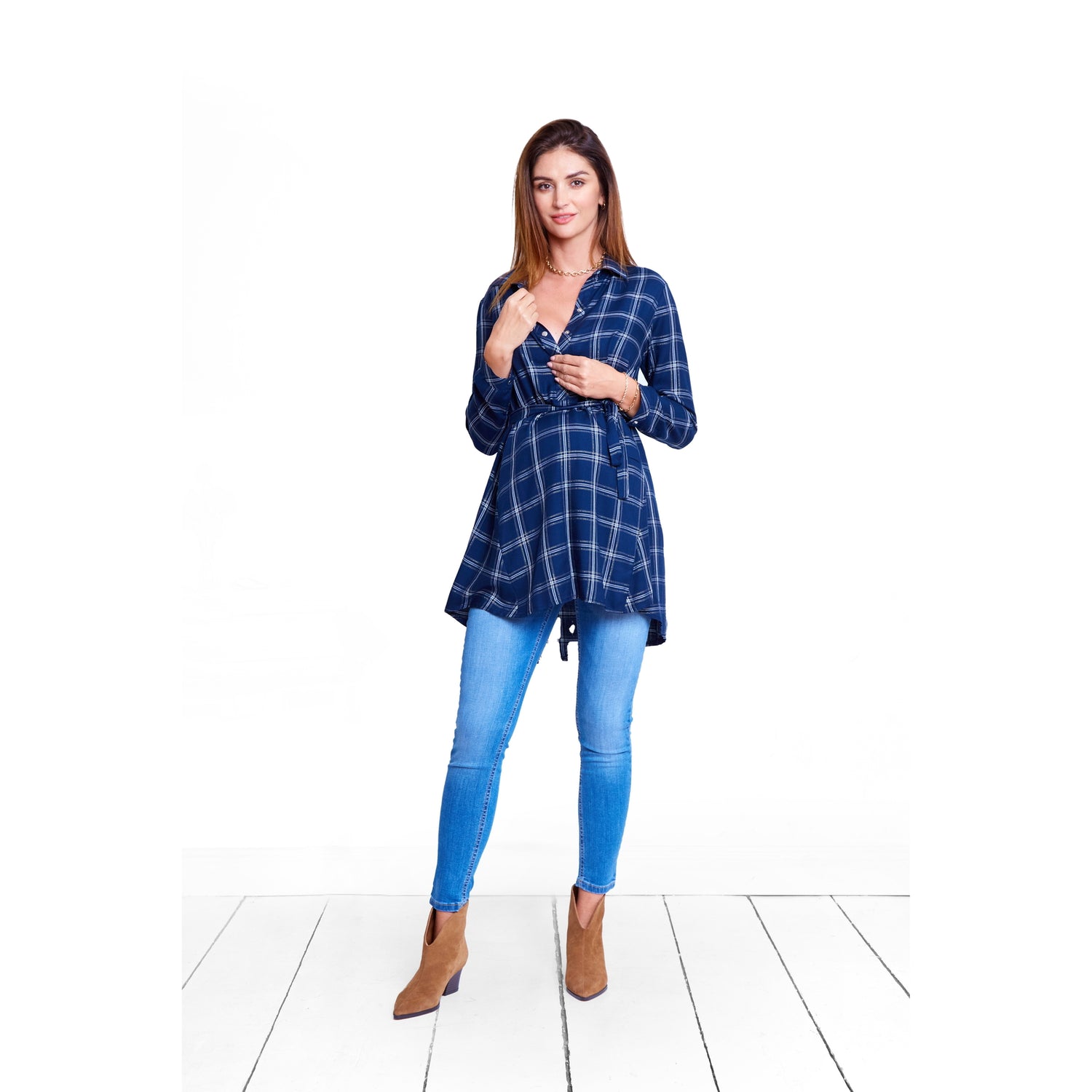 chemisier long bleu parfait pour allaitement et grossesse