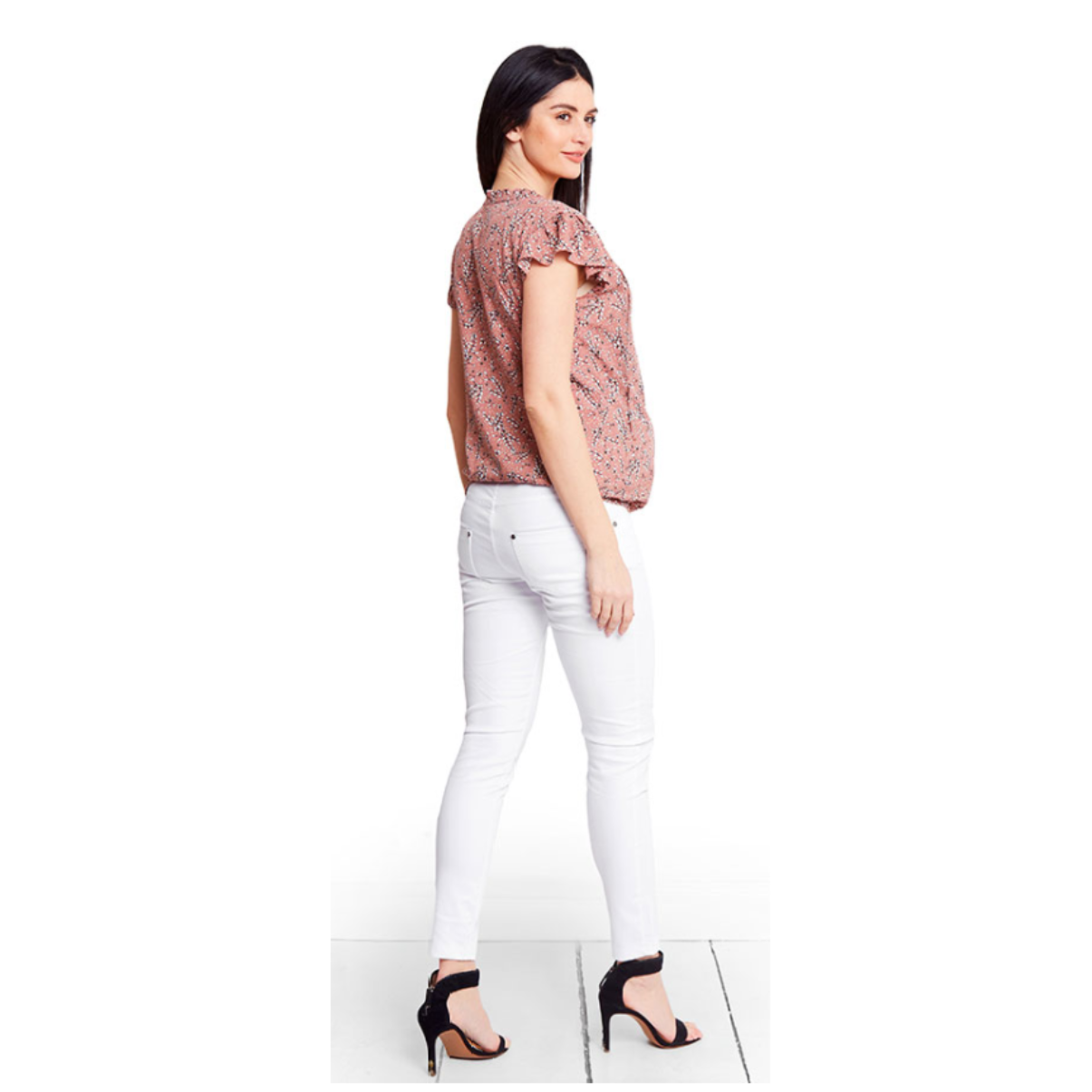 pantalon de grossesse blanc avec bandeau intégré pour s'adapter à l'évolution du ventre