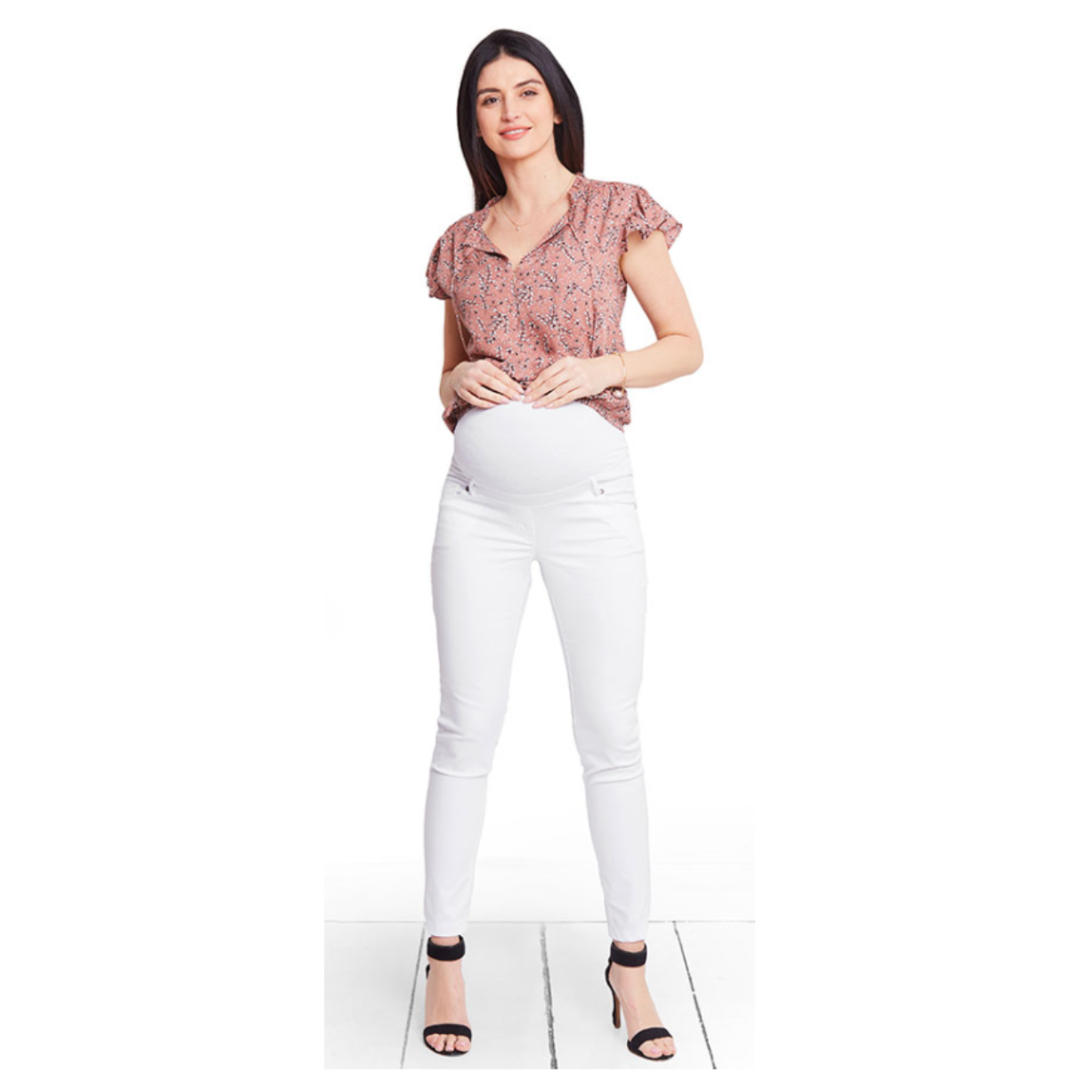 pantalon de grossesse blanc avec bandeau intégré pour s'adapter à l'évolution du ventre