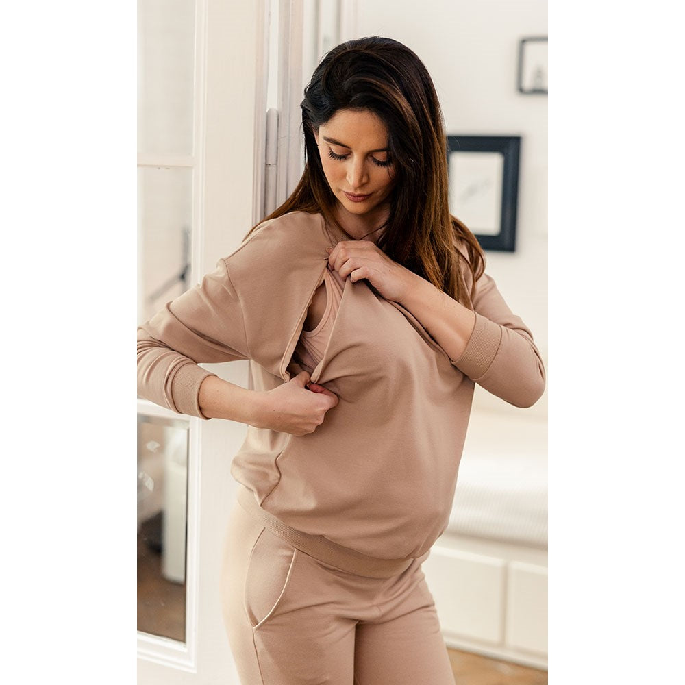 pull de grossesse beige avec fermeture éclair pour allaiter